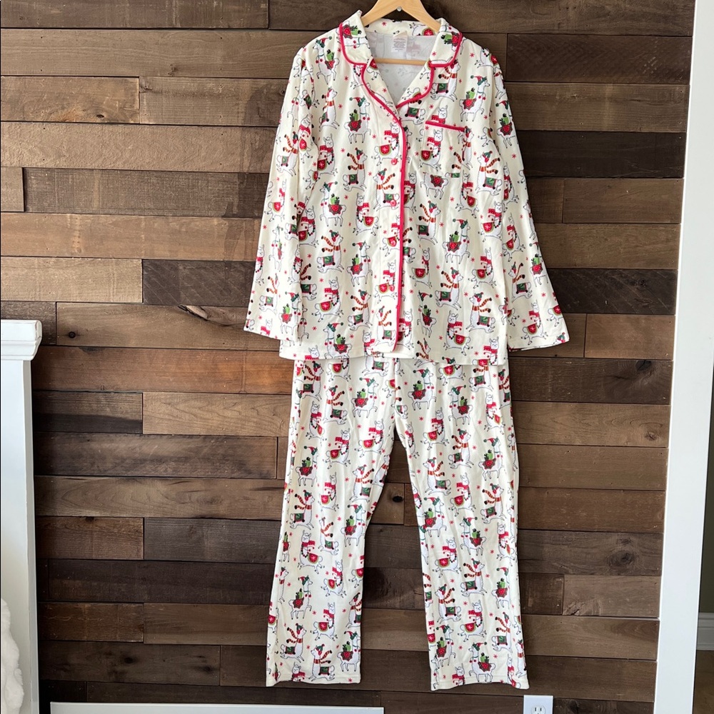 Nite Nite Munki Munki Women's Christmas Llama Pajama PJ Set Cream Red Holiday